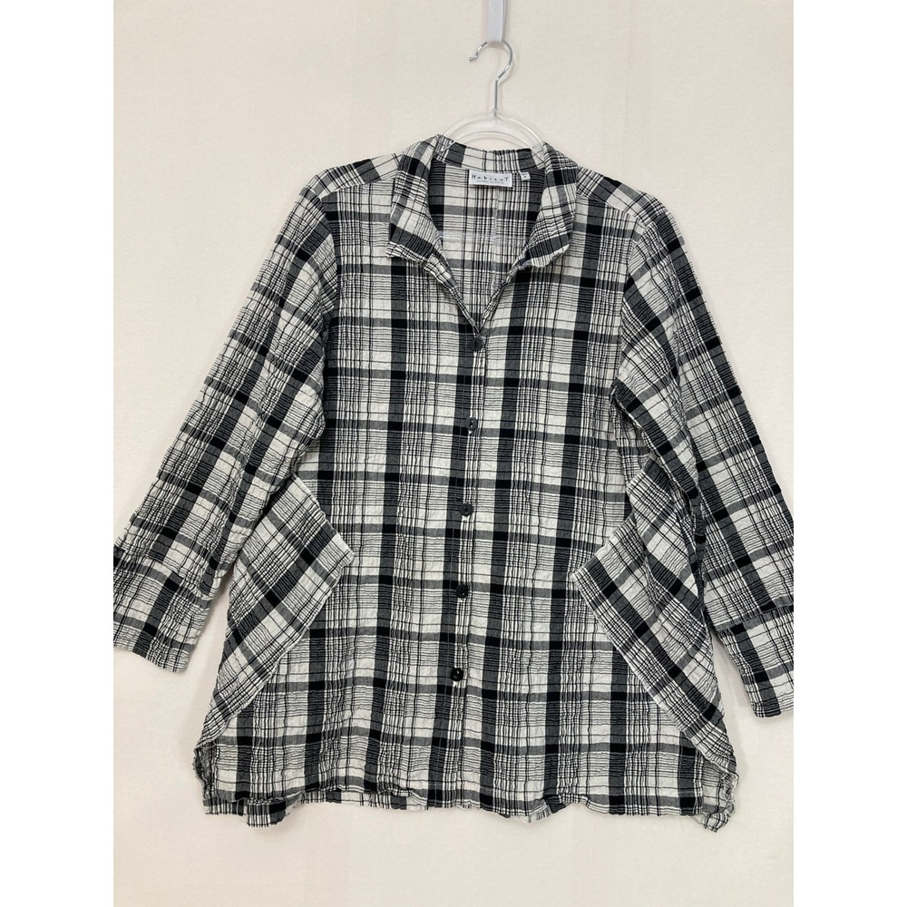 Habitat Button Down Medium‎ Black White Plaid Crinkle Texture Pockets Lagenlook